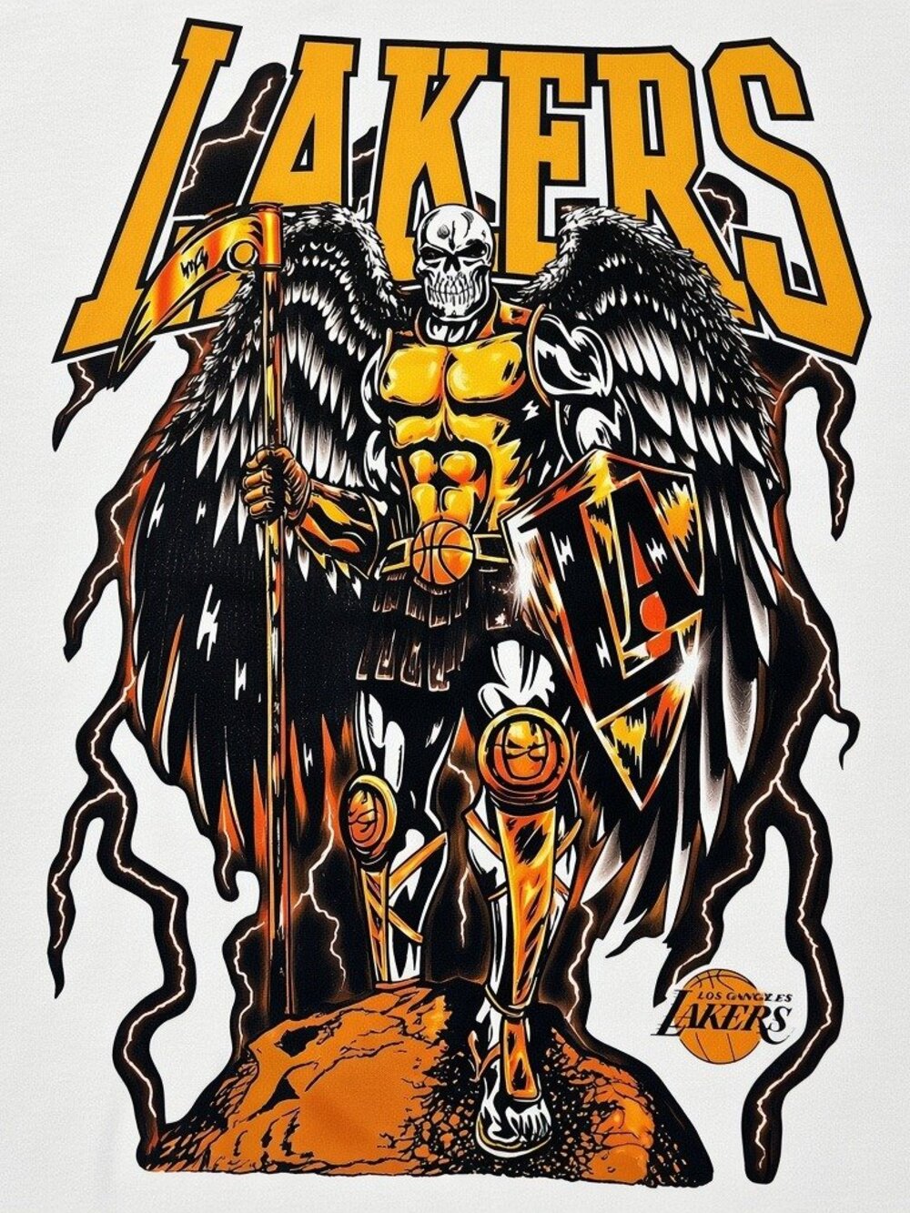 Los Angeles Lakers Winged Warrior Skull Graphic White T-Shirt Streetwear Tee